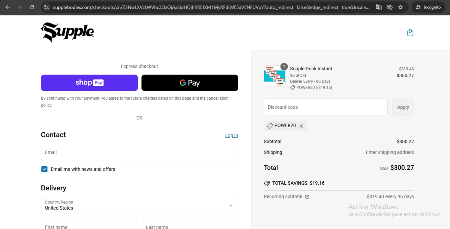Supple Drink promo code screenshot showing code POWER20 applied at Supple Drink checkout page. Uploaded by SimplyCodes community member UchihaMadara on May 30, 2025