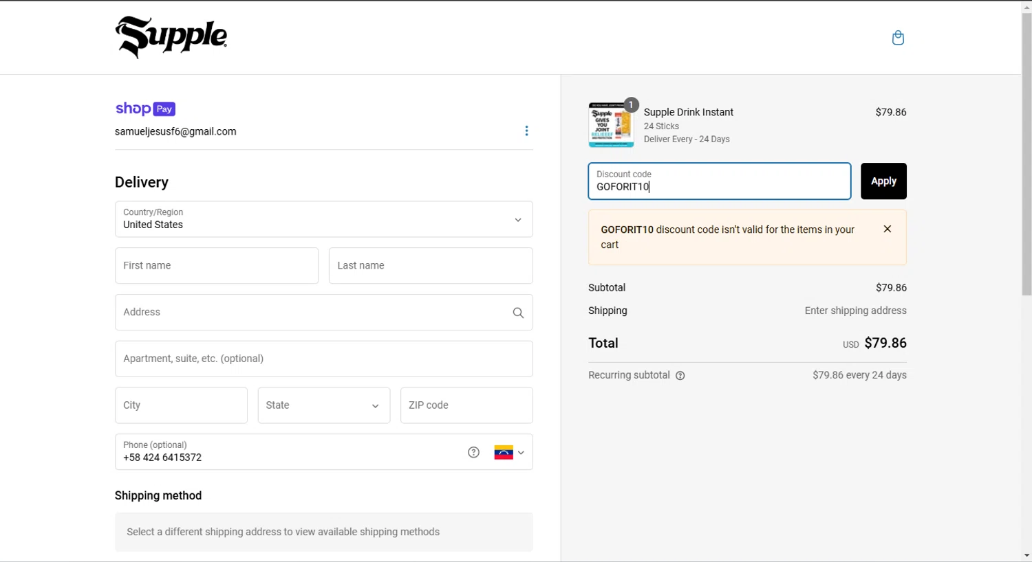 Supple Drink promo code screenshot showing code GOFORIT10 applied at Supple Drink checkout page. Uploaded by SimplyCodes community member SaleHawk4558 on Jan 29, 2025