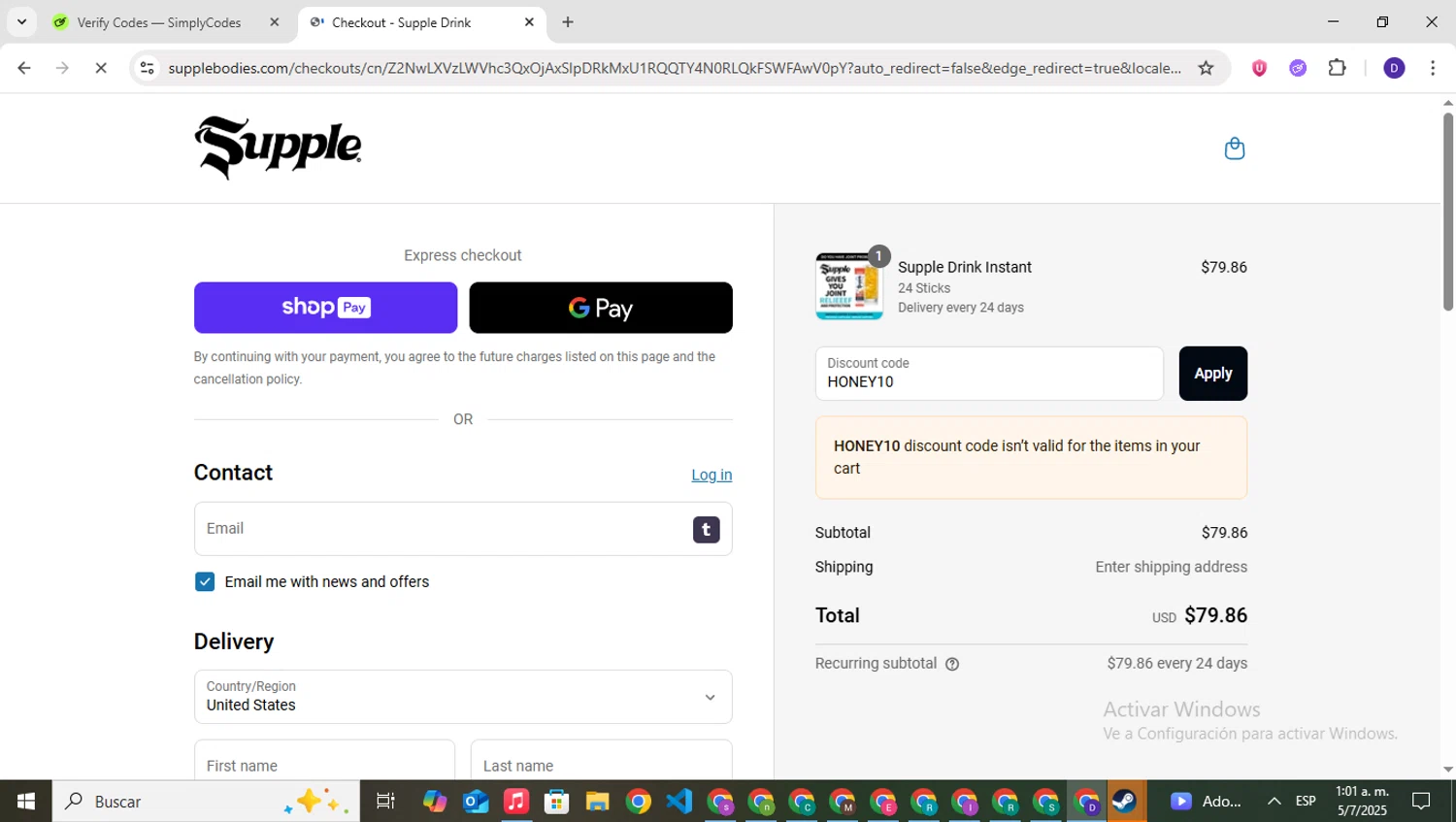 Supple Drink promo code screenshot showing code HONEY10 applied at Supple Drink checkout page. Uploaded by SimplyCodes community member PrimeNavigator3251 on Jul 5, 2025