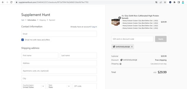 Supplement Hunt checkout page showing Supplement Hunt discount code box | Screenshot taken by SimplyCodes community member on Mar 30, 2022