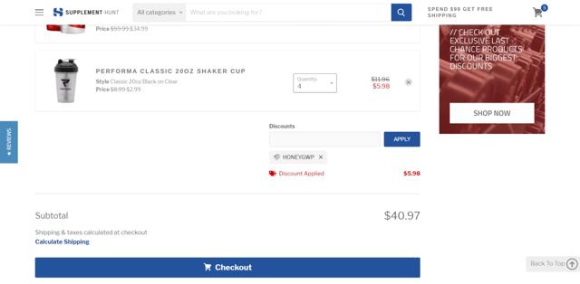 Supplement Hunt checkout page showing Supplement Hunt discount code box | Screenshot taken by SimplyCodes community member on Jul 21, 2022