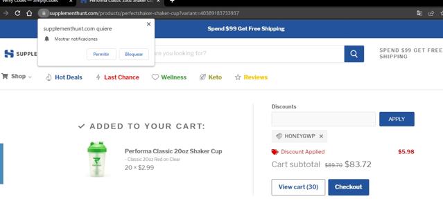 Supplement Hunt checkout page showing Supplement Hunt discount code box | Screenshot taken by SimplyCodes community member on Feb 9, 2023