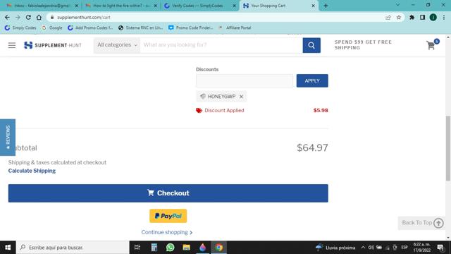 Supplement Hunt checkout page showing Supplement Hunt discount code box | Screenshot taken by SimplyCodes community member on Sep 17, 2022