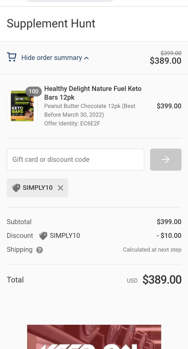 Supplement Hunt checkout page showing Supplement Hunt discount code box | Screenshot taken by SimplyCodes community member on Sep 19, 2022