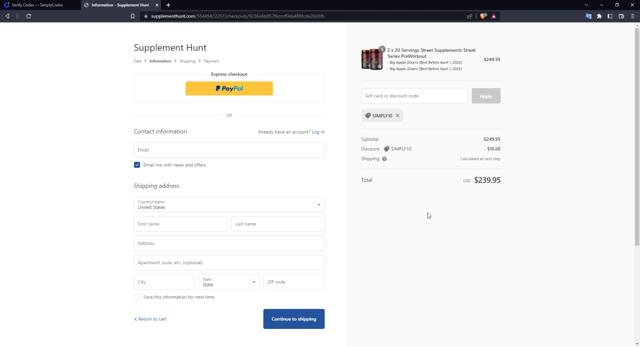 Supplement Hunt checkout page showing Supplement Hunt discount code box | Screenshot taken by SimplyCodes community member on Dec 15, 2022