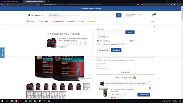 Supplement Hunt checkout page showing Supplement Hunt discount code box | Screenshot taken by SimplyCodes community member on Aug 21, 2022