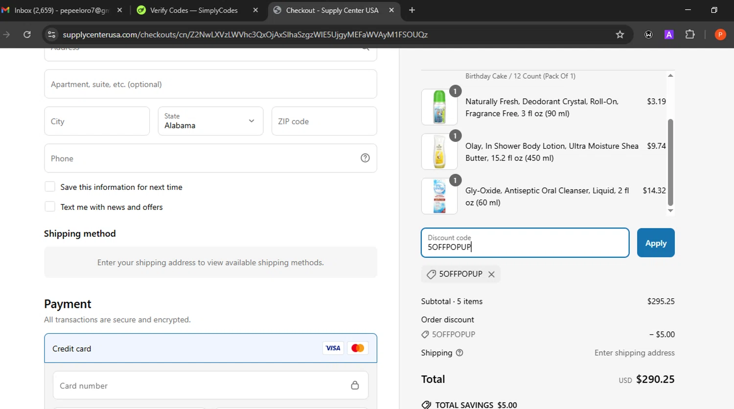 Supply Center USA discount code screenshot showing code 5OFFPOPUP applied at Supply Center USA checkout page. Uploaded by SimplyCodes community member Eminem on Jun 17, 2025