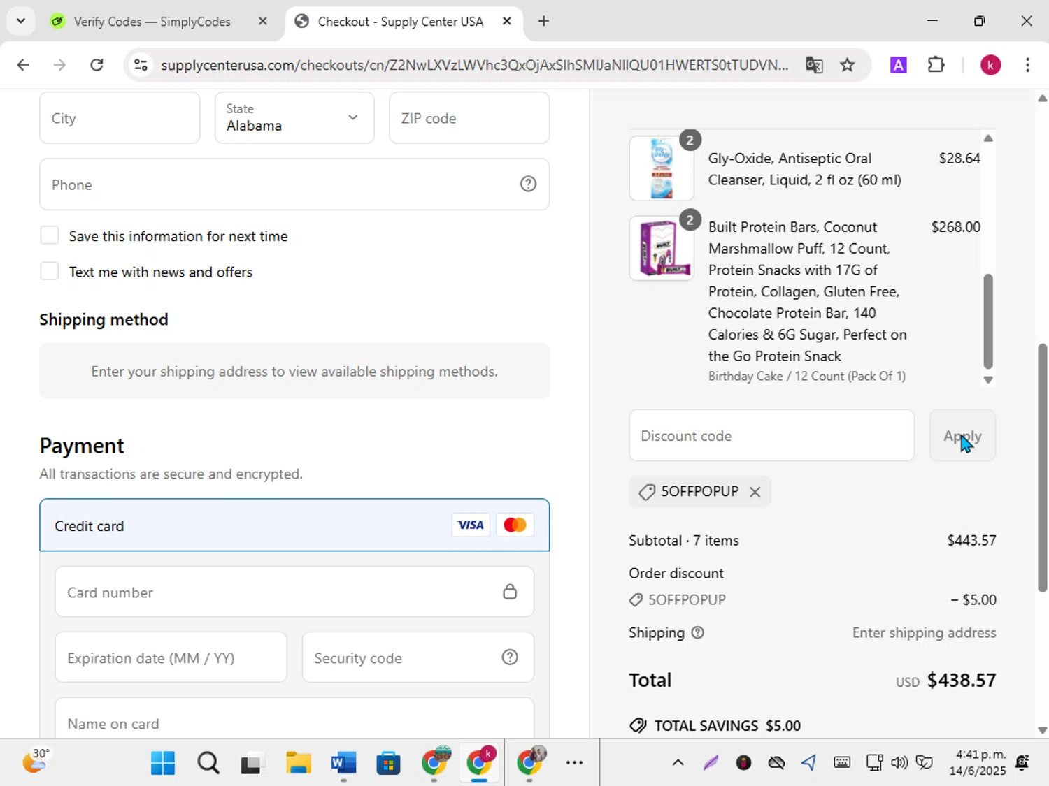 Supply Center USA discount code screenshot showing code 5OFFPOPUP applied at Supply Center USA checkout page. Uploaded by SimplyCodes community member karoline on Jun 14, 2025