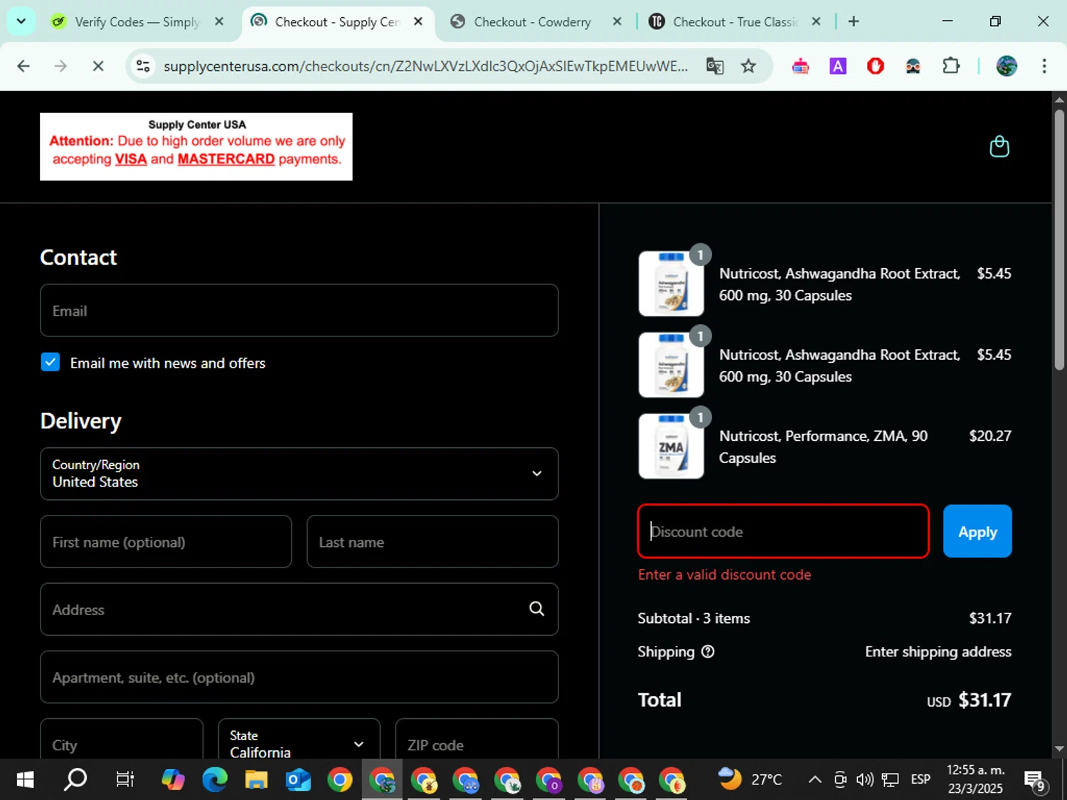 Supply Center USA discount code screenshot showing code AIO5 applied at Supply Center USA checkout page. Uploaded by SimplyCodes community member Mouzzzzzeeee on Mar 23, 2025