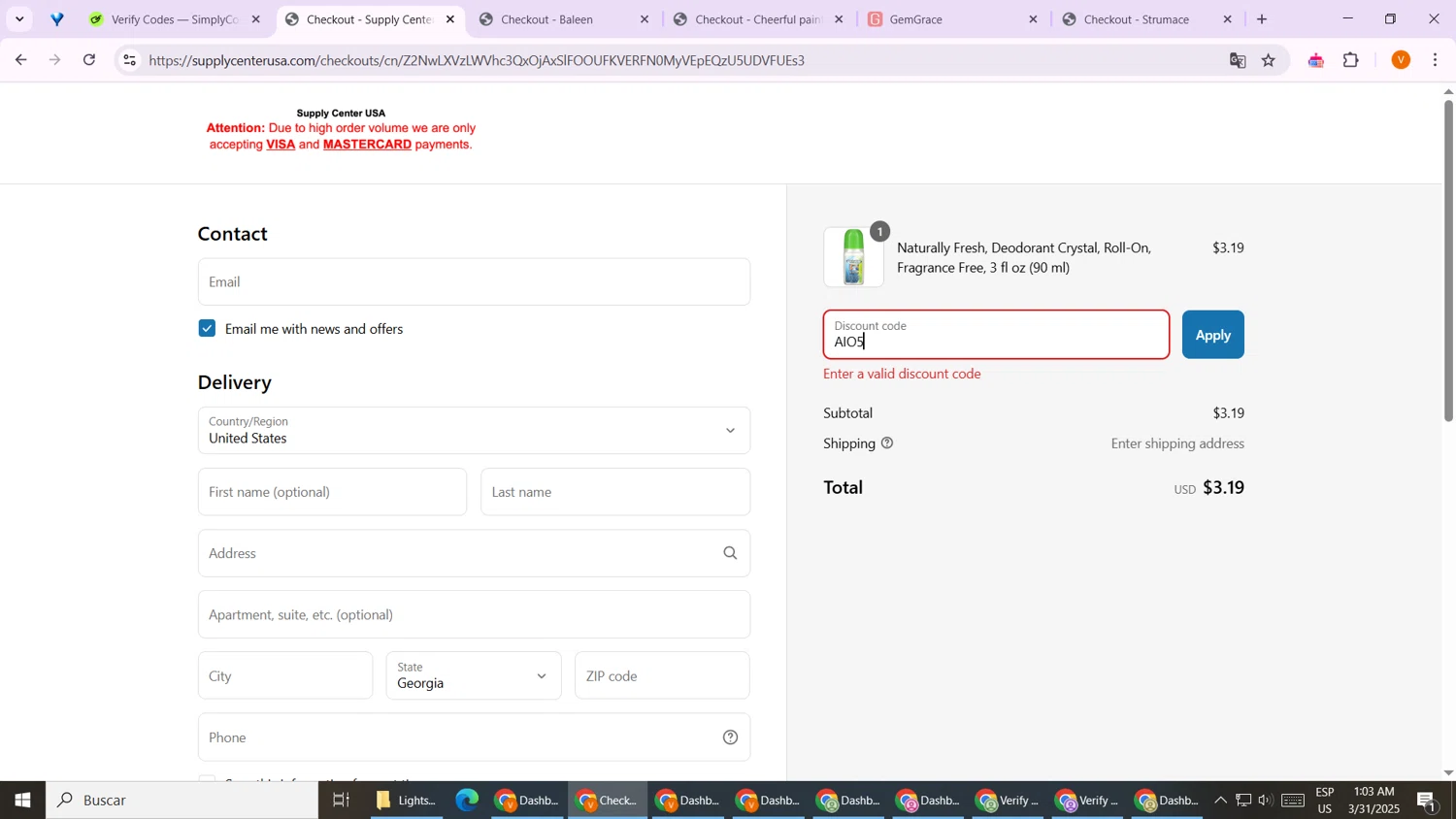Supply Center USA discount code screenshot showing code AIO5 applied at Supply Center USA checkout page. Uploaded by SimplyCodes community member TheGrefg on Mar 31, 2025
