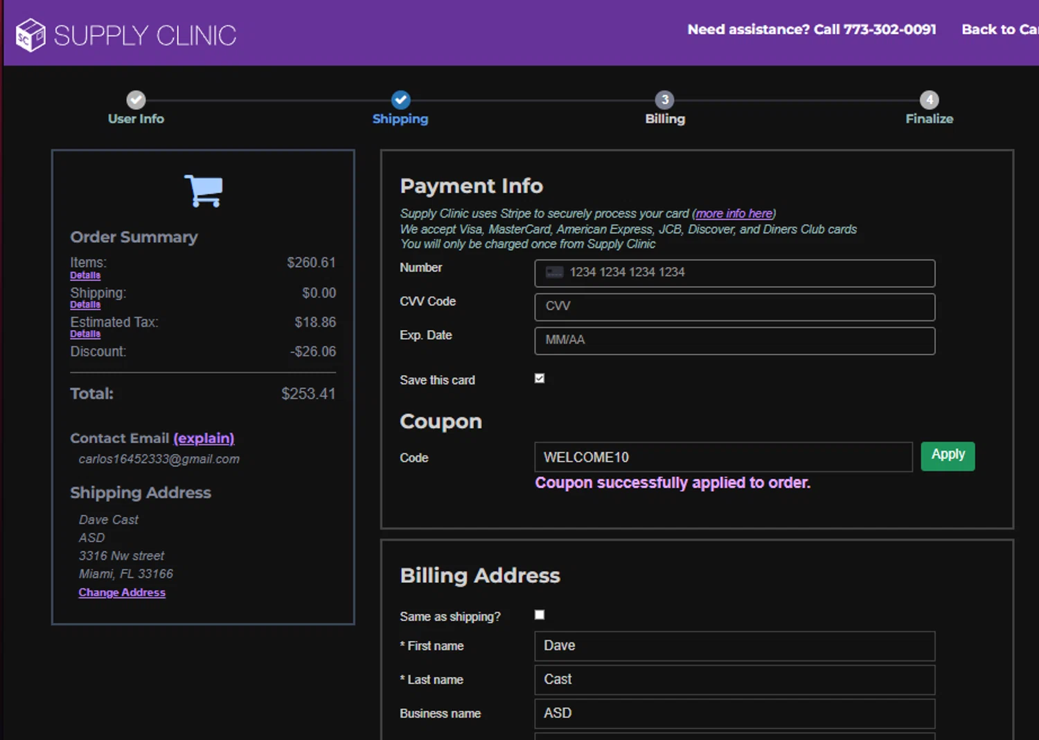 Supply Clinic coupon code screenshot showing code WELCOME10 applied at Supply Clinic checkout page. Uploaded by SimplyCodes community member idkxxx on Jul 1, 2025
