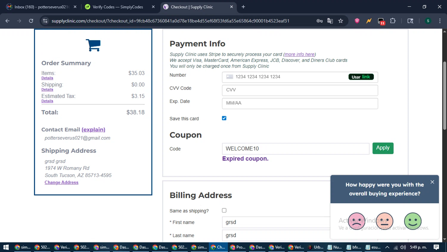 Supply Clinic coupon code screenshot showing code WELCOME10 applied at Supply Clinic checkout page. Uploaded by SimplyCodes community member ShrewdAce7935 on Aug 6, 2025