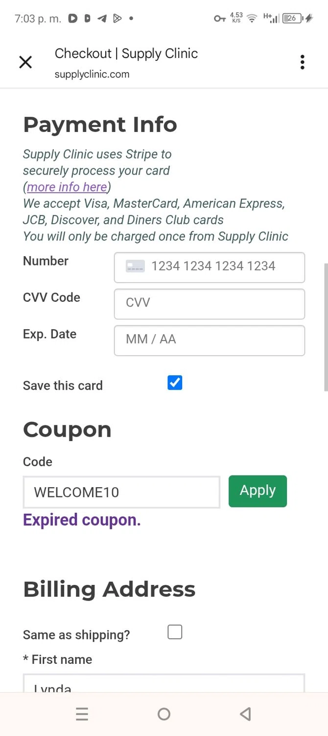 Supply Clinic coupon code screenshot showing code WELCOME10 applied at Supply Clinic checkout page. Uploaded by SimplyCodes community member coromotopalmar on Aug 6, 2025