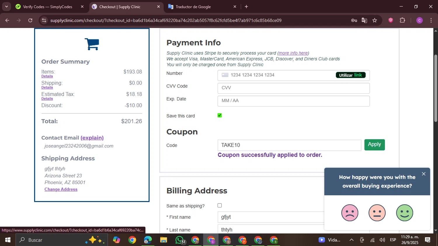 Supply Clinic coupon code screenshot showing code TAKE10 applied at Supply Clinic checkout page. Uploaded by SimplyCodes community member FrugalPro5078 on Sep 26, 2025