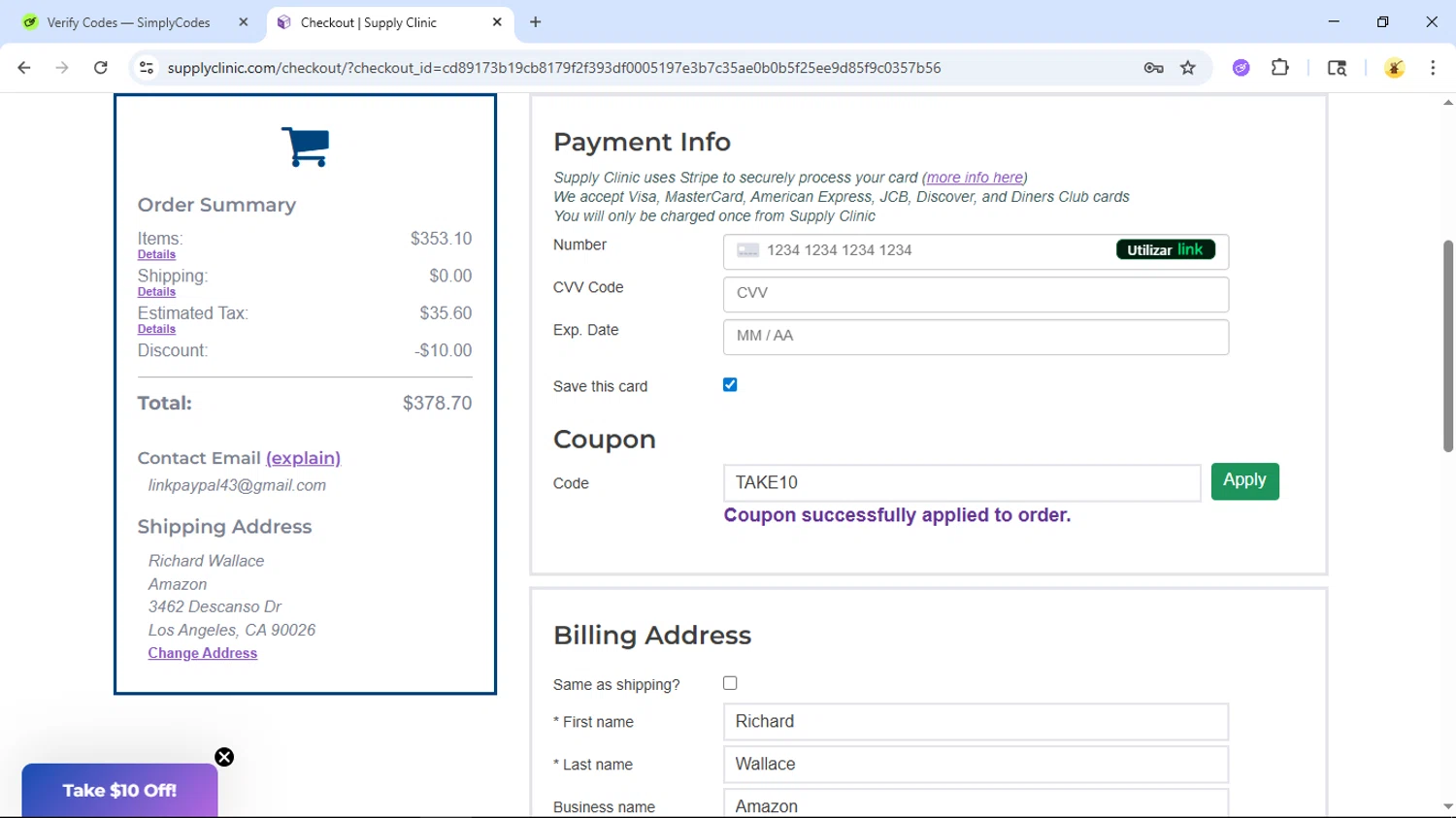 Supply Clinic checkout page showing Supply Clinic coupon code box | Screenshot taken by SimplyCodes community member on Jan 14, 2026