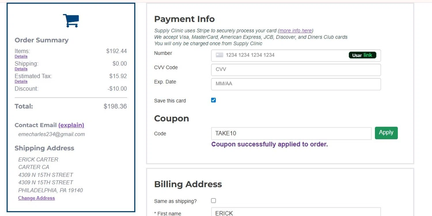 Supply Clinic checkout page showing Supply Clinic coupon code box | Screenshot taken by SimplyCodes community member on Jul 30, 2025