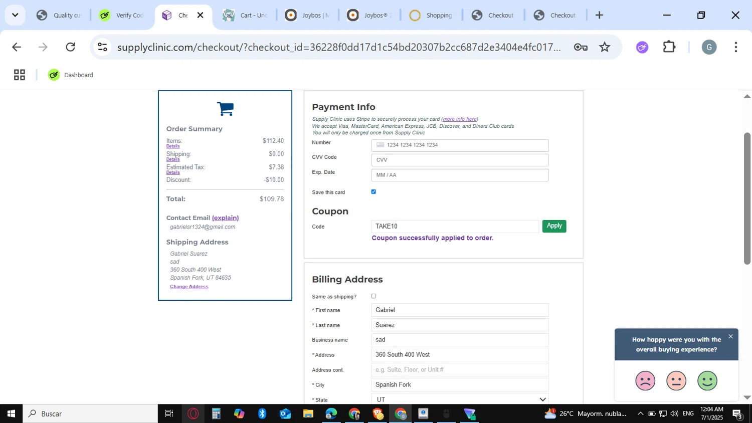 Supply Clinic checkout page showing Supply Clinic coupon code box | Screenshot taken by SimplyCodes community member on Jul 1, 2025