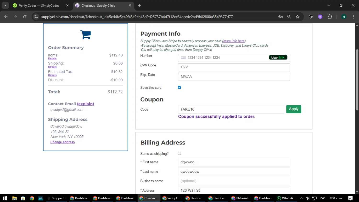 Supply Clinic coupon code screenshot showing code TAKE10 applied at Supply Clinic checkout page. Uploaded by SimplyCodes community member nataaokiiii on Aug 28, 2025