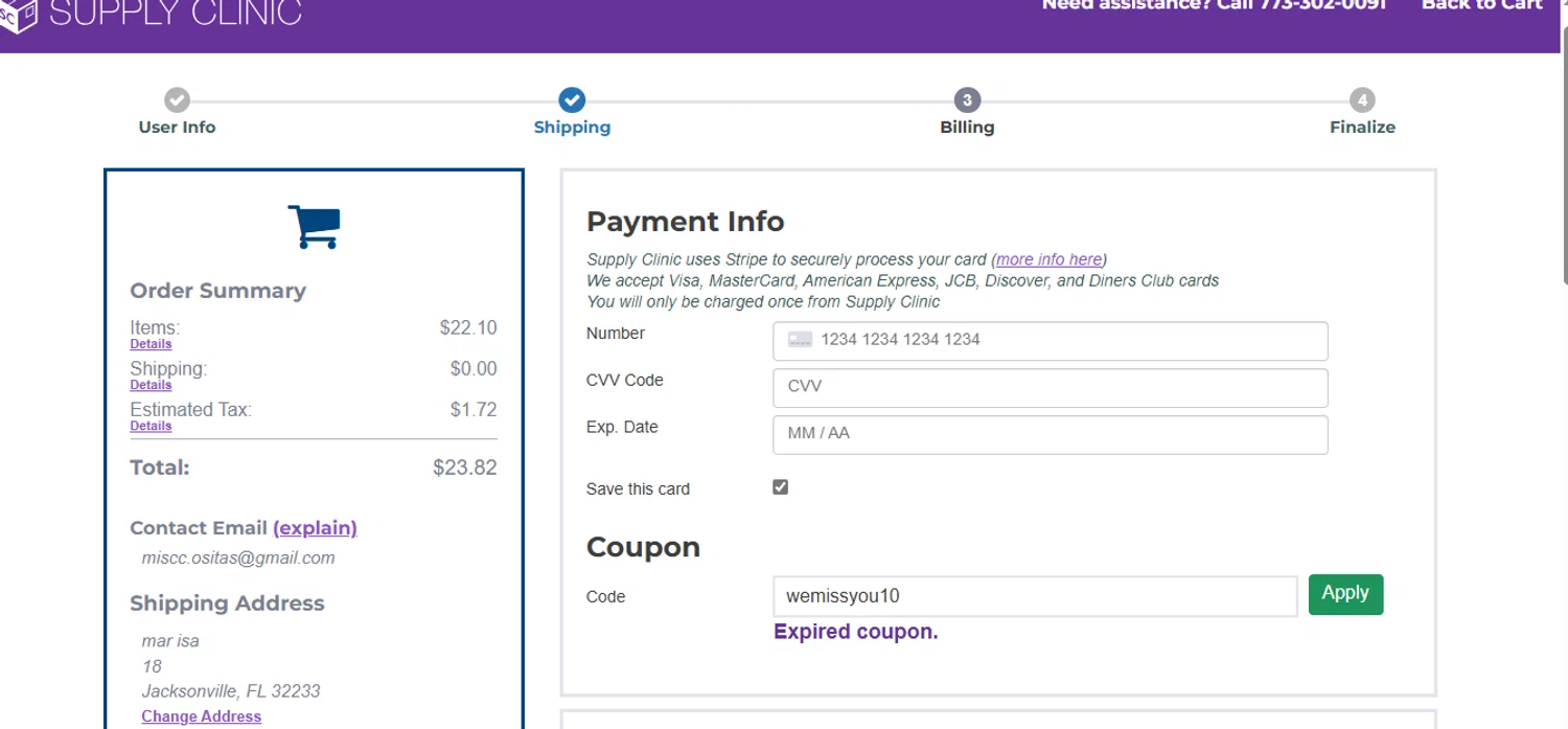Supply Clinic coupon code screenshot showing code wemissyou10 applied at Supply Clinic checkout page. Uploaded by SimplyCodes community member BrilliantFalcon6936 on Jun 23, 2025
