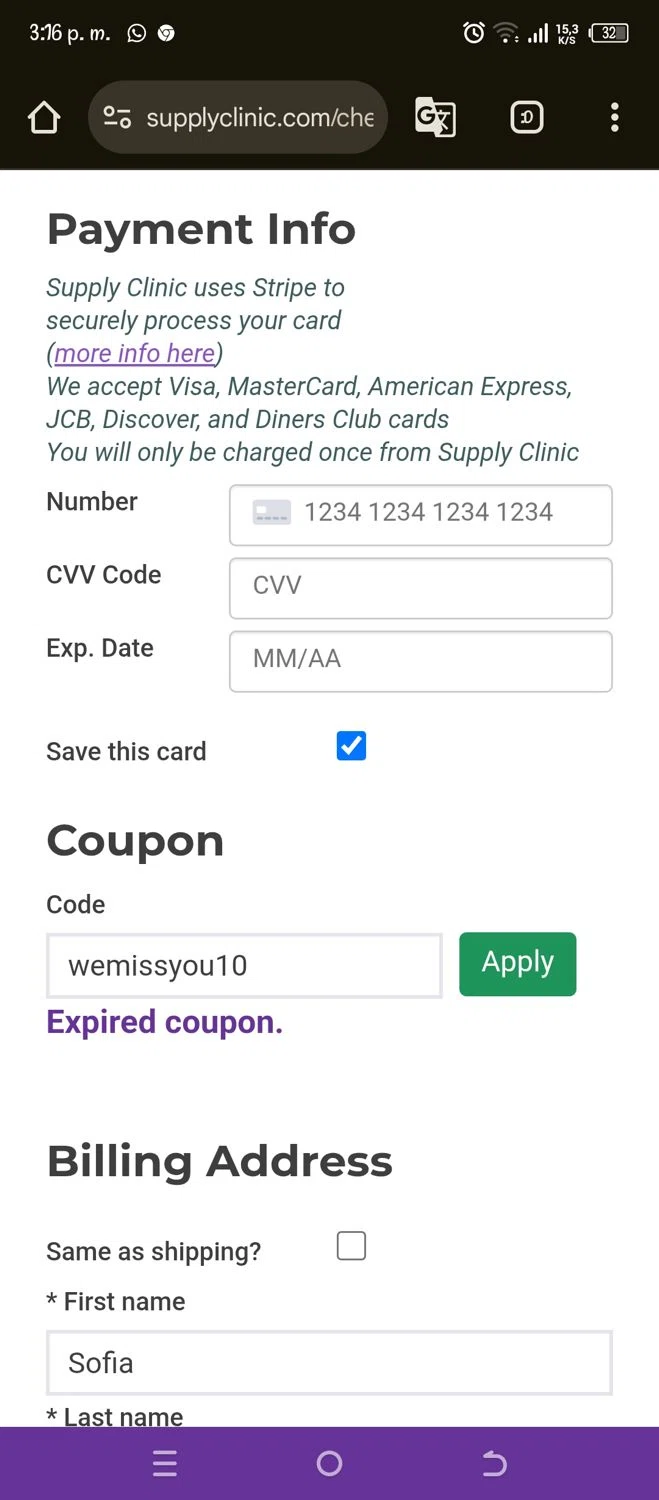 Supply Clinic coupon code screenshot showing code wemissyou10 applied at Supply Clinic checkout page. Uploaded by SimplyCodes community member Pipina on Jun 23, 2025