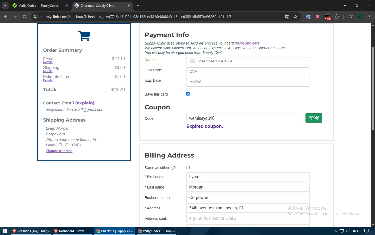Supply Clinic coupon code screenshot showing code wemissyou10 applied at Supply Clinic checkout page. Uploaded by SimplyCodes community member usuario500 on Jun 23, 2025