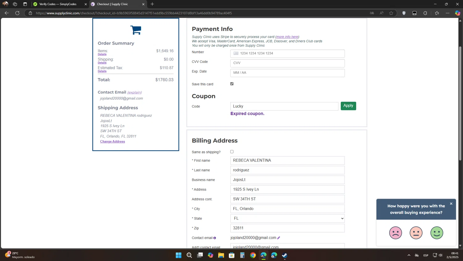 Supply Clinic coupon code screenshot showing code Lucky applied at Supply Clinic checkout page. Uploaded by SimplyCodes community member Flores on May 2, 2025