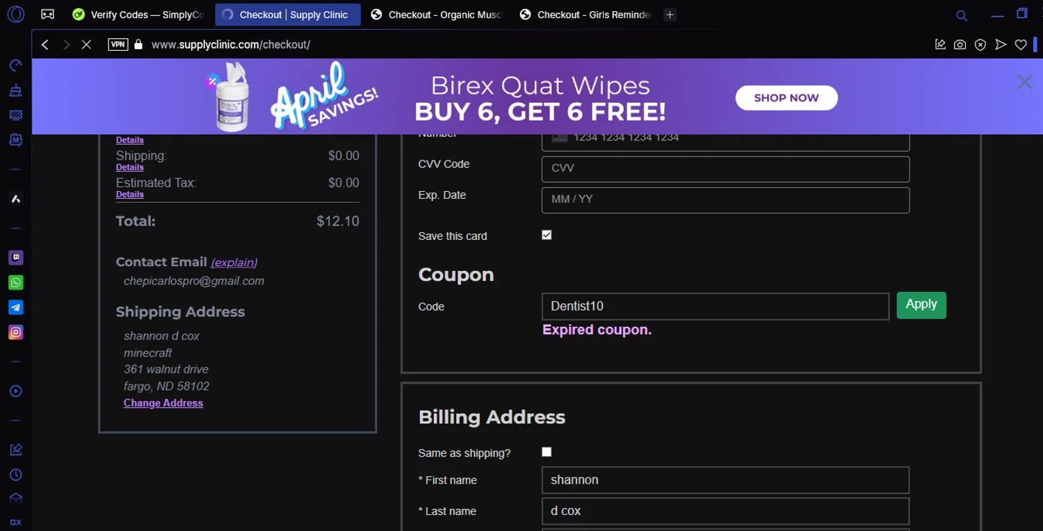 Supply Clinic coupon code screenshot showing code Dentist10 applied at Supply Clinic checkout page. Uploaded by SimplyCodes community member chepipi on Apr 4, 2025