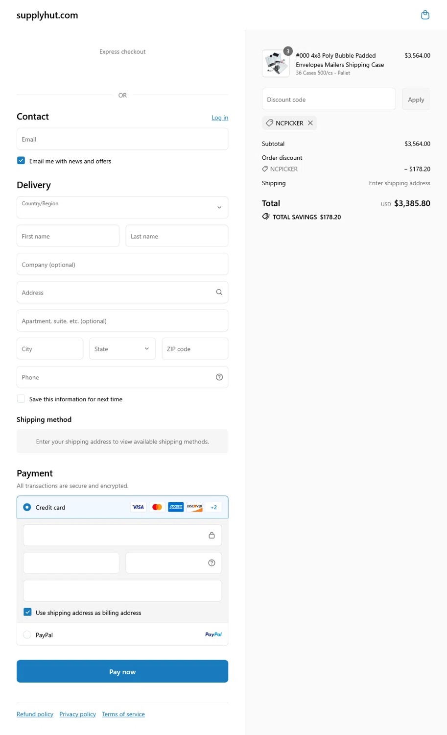 Supply Hut discount code screenshot showing code NCPICKER applied at Supply Hut checkout page. Uploaded by SimplyCodes community member WladimirV on Aug 27, 2025