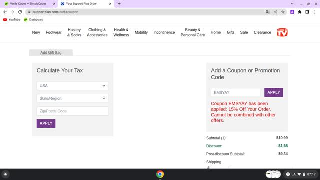 Support Plus checkout page showing Support Plus coupon code box | Screenshot taken by SimplyCodes community member on Sep 19, 2024