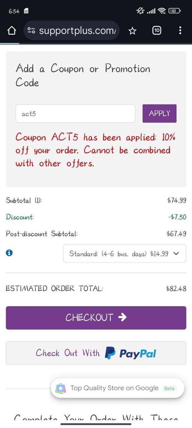 Support Plus checkout page showing Support Plus coupon code box | Screenshot taken by SimplyCodes community member on Oct 3, 2024