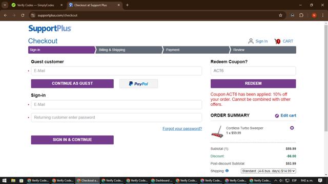 Support Plus checkout page showing Support Plus coupon code box | Screenshot taken by SimplyCodes community member on Sep 15, 2024