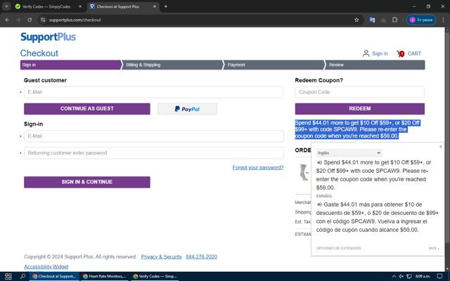 Support Plus checkout page showing Support Plus coupon code box | Screenshot taken by SimplyCodes community member on Sep 9, 2024