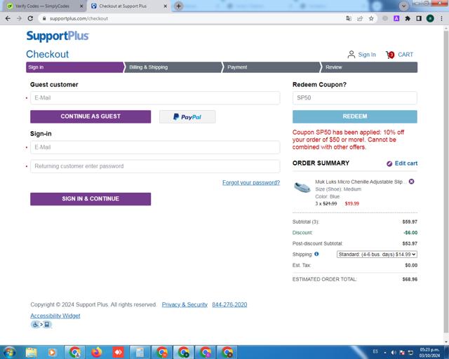 Support Plus checkout page showing Support Plus coupon code box | Screenshot taken by SimplyCodes community member on Oct 3, 2024