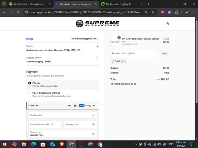 Supreme Suspensions checkout page showing Supreme Suspensions discount code box | Screenshot taken by SimplyCodes community member on Sep 5, 2025