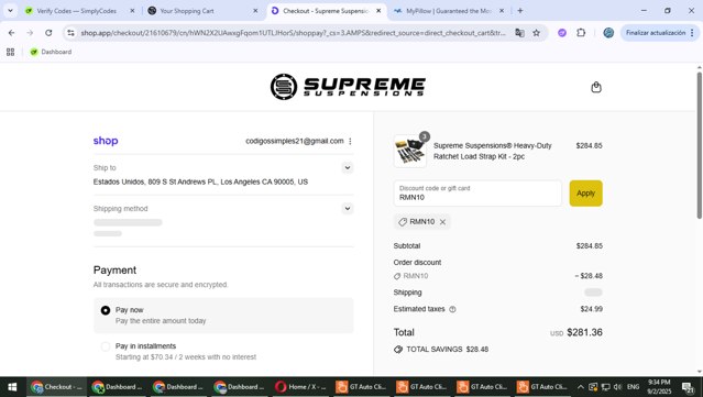 Supreme Suspensions checkout page showing Supreme Suspensions discount code box | Screenshot taken by SimplyCodes community member on Sep 3, 2025