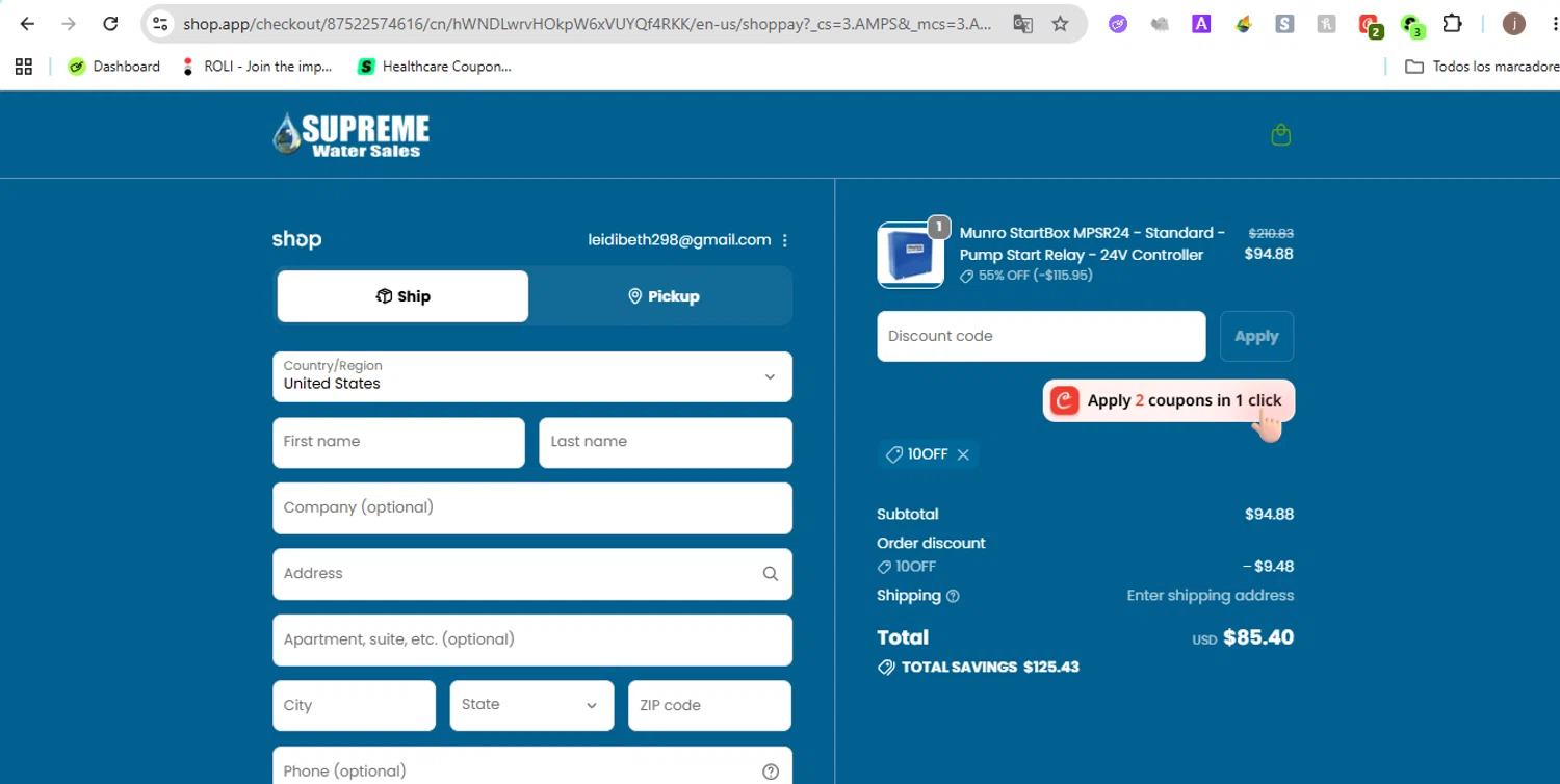 Supreme Water Sales promo code screenshot showing code 10OFF applied at Supreme Water Sales checkout page. Uploaded by SimplyCodes community member Jose29 on Jun 15, 2026