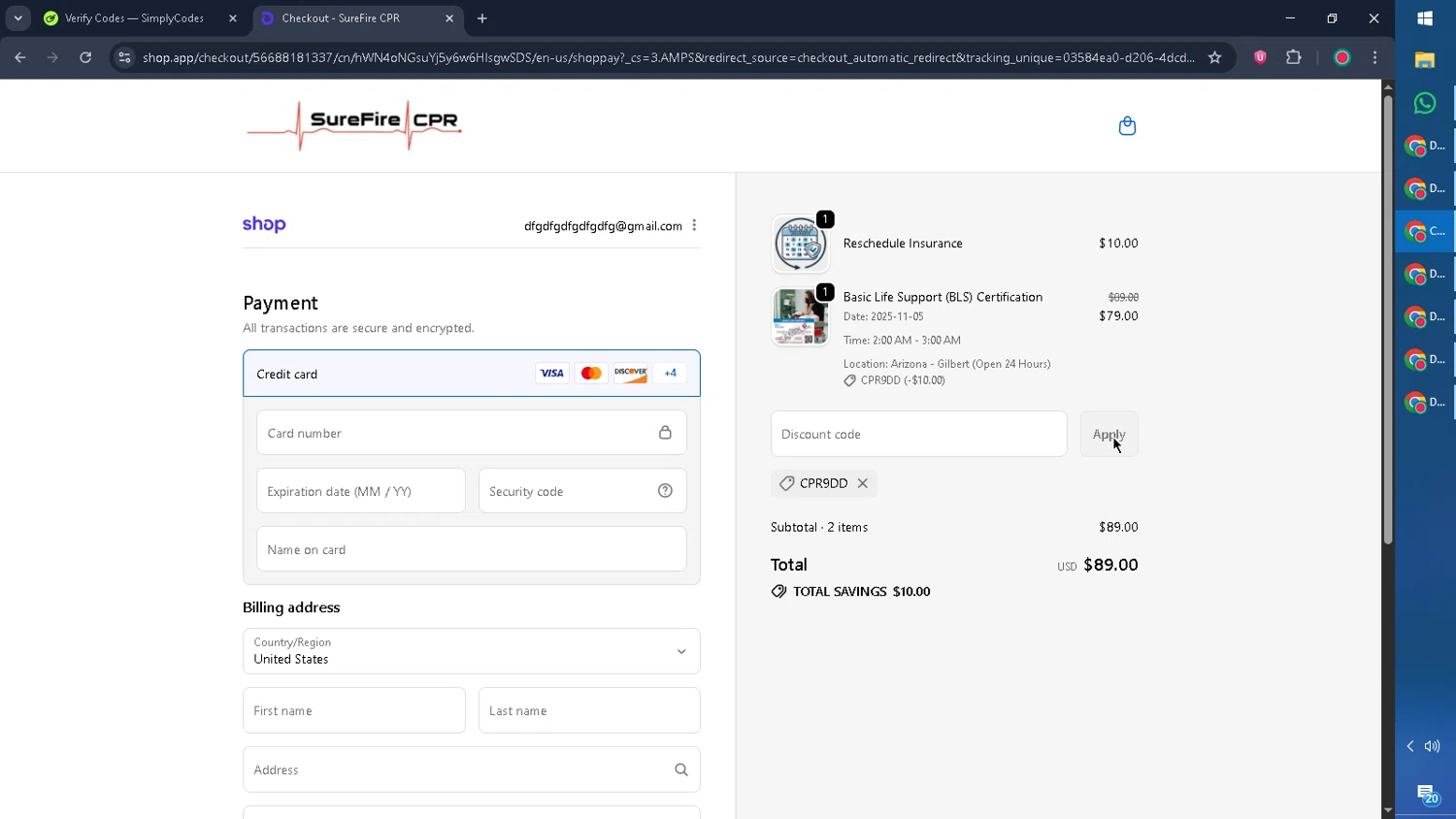 SureFire CPR promo code screenshot showing code CPR9DD applied at SureFire CPR checkout page. Uploaded by SimplyCodes community member CouponGuardian8137 on Nov 2, 2025