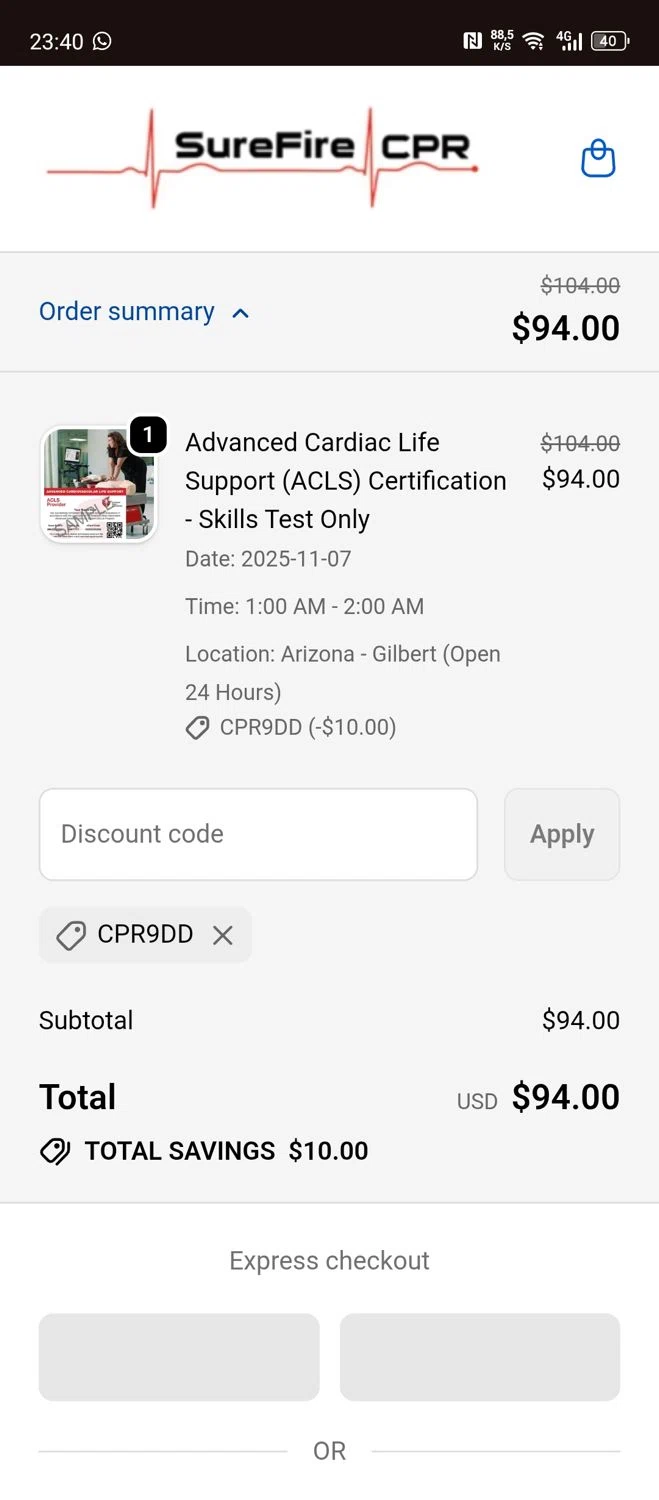 SureFire CPR promo code screenshot showing code CPR9DD applied at SureFire CPR checkout page. Uploaded by SimplyCodes community member Papiee on Nov 2, 2025