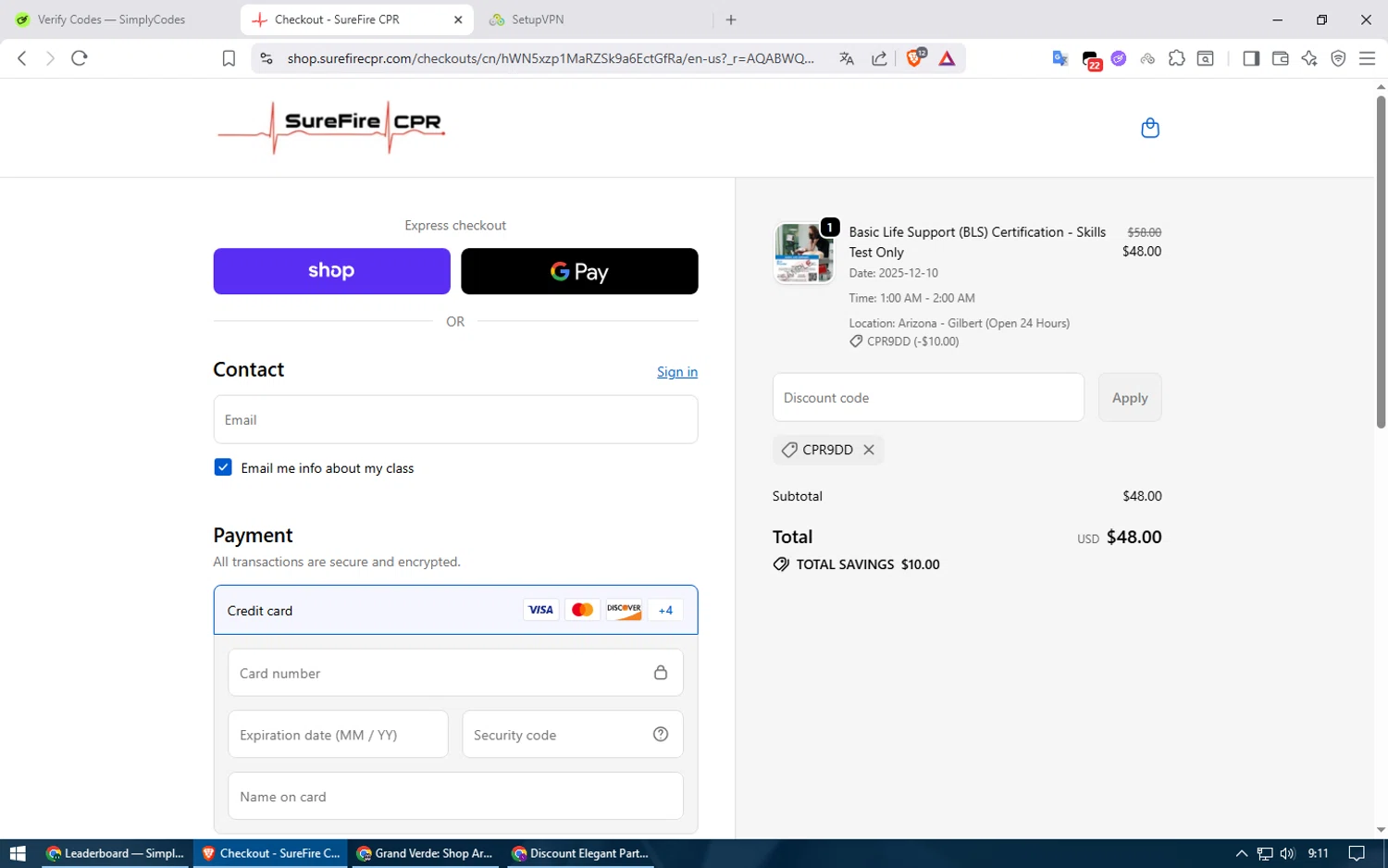 SureFire CPR promo code screenshot showing code CPR9DD applied at SureFire CPR checkout page. Uploaded by SimplyCodes community member usuario500 on Dec 2, 2025