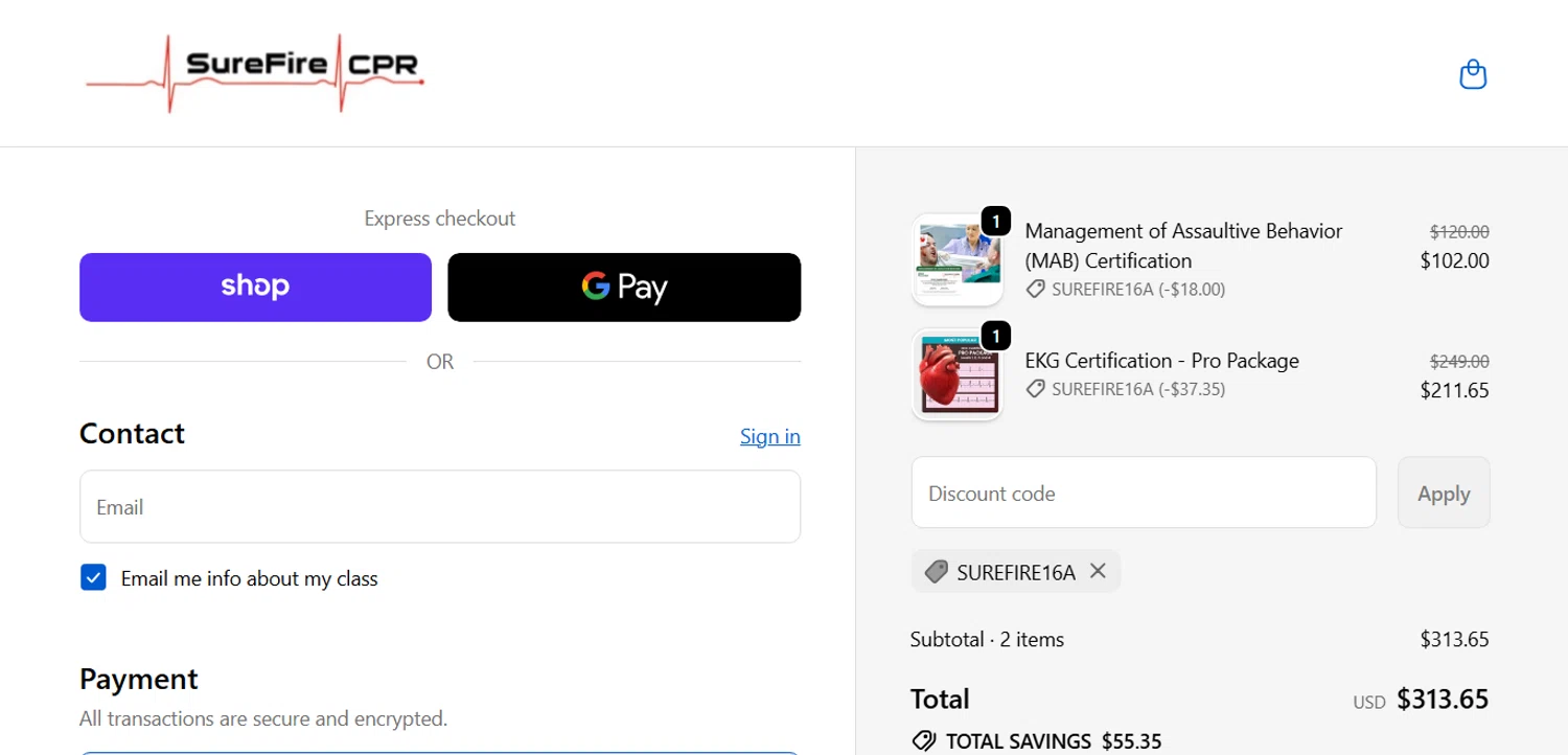 SureFire CPR promo code screenshot showing code SUREFIRE16A applied at SureFire CPR checkout page. Uploaded by SimplyCodes community member ESTHER3121 on Nov 2, 2025