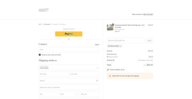 SureFit checkout page showing SureFit coupon code box | Screenshot taken by SimplyCodes community member on Feb 20, 2025
