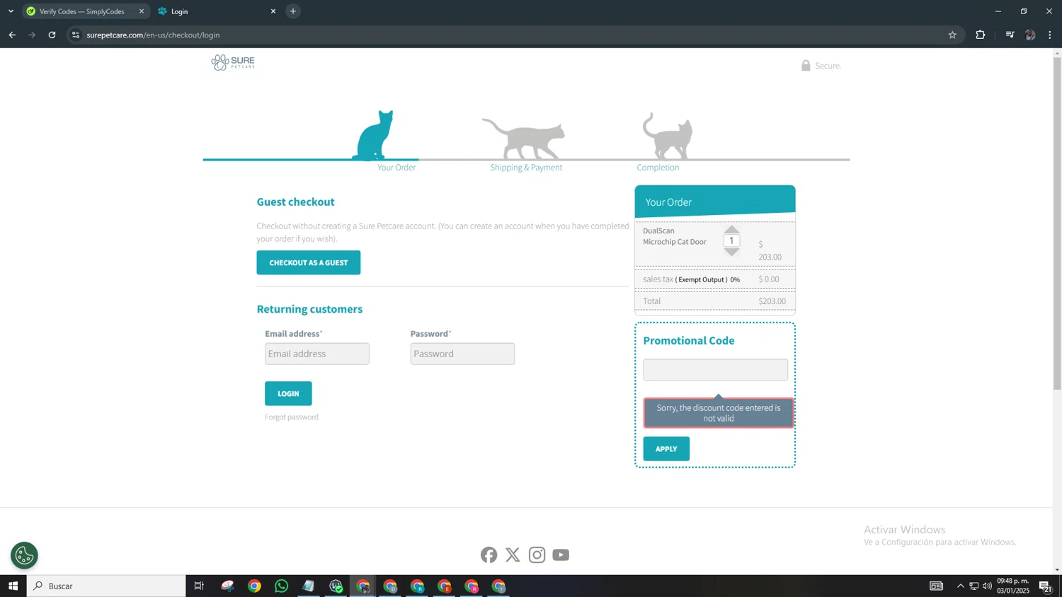 Sure Petcare promo code screenshot showing code LABORDAY20 applied at Sure Petcare checkout page. Uploaded by SimplyCodes community member Chamber on Jan 4, 2025