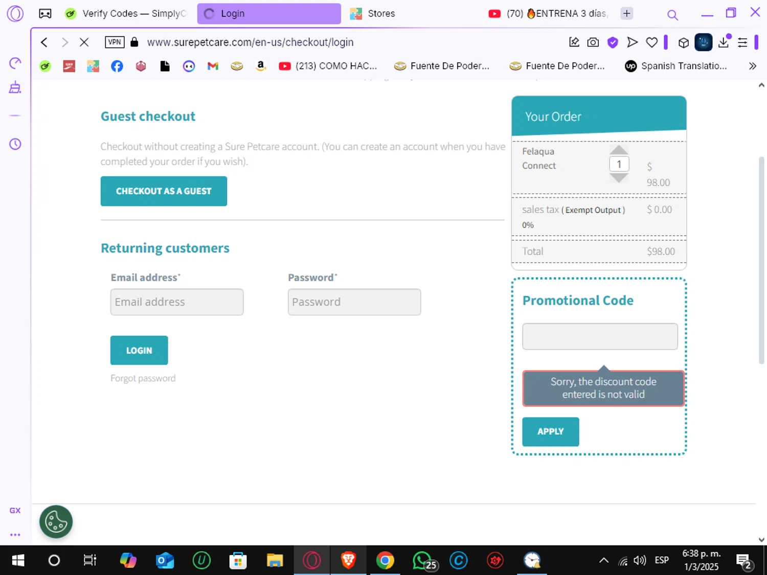 Sure Petcare promo code screenshot showing code LABORDAY20 applied at Sure Petcare checkout page. Uploaded by SimplyCodes community member Crchirino1 on Mar 1, 2025