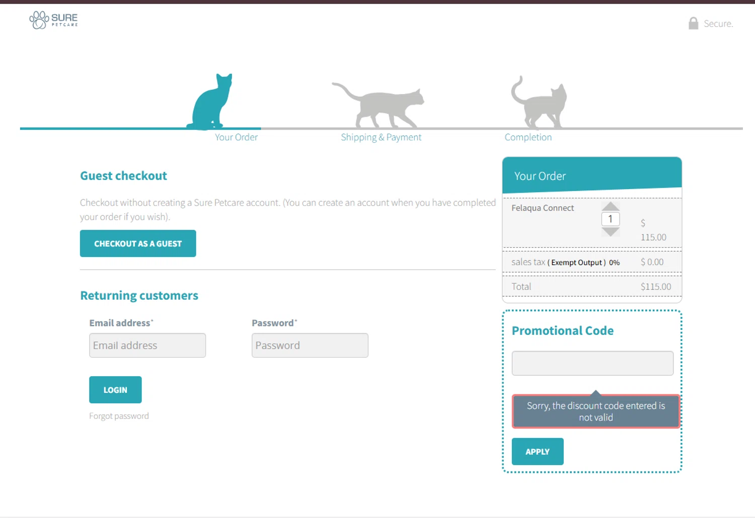 Sure Petcare promo code screenshot showing code LABORDAY20 applied at Sure Petcare checkout page. Uploaded by SimplyCodes community member DiscountEagle6247 on Feb 19, 2025