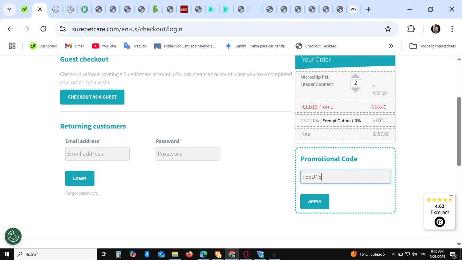 Sure Petcare checkout page showing Sure Petcare promo code box | Screenshot taken by SimplyCodes community member on Mar 28, 2025