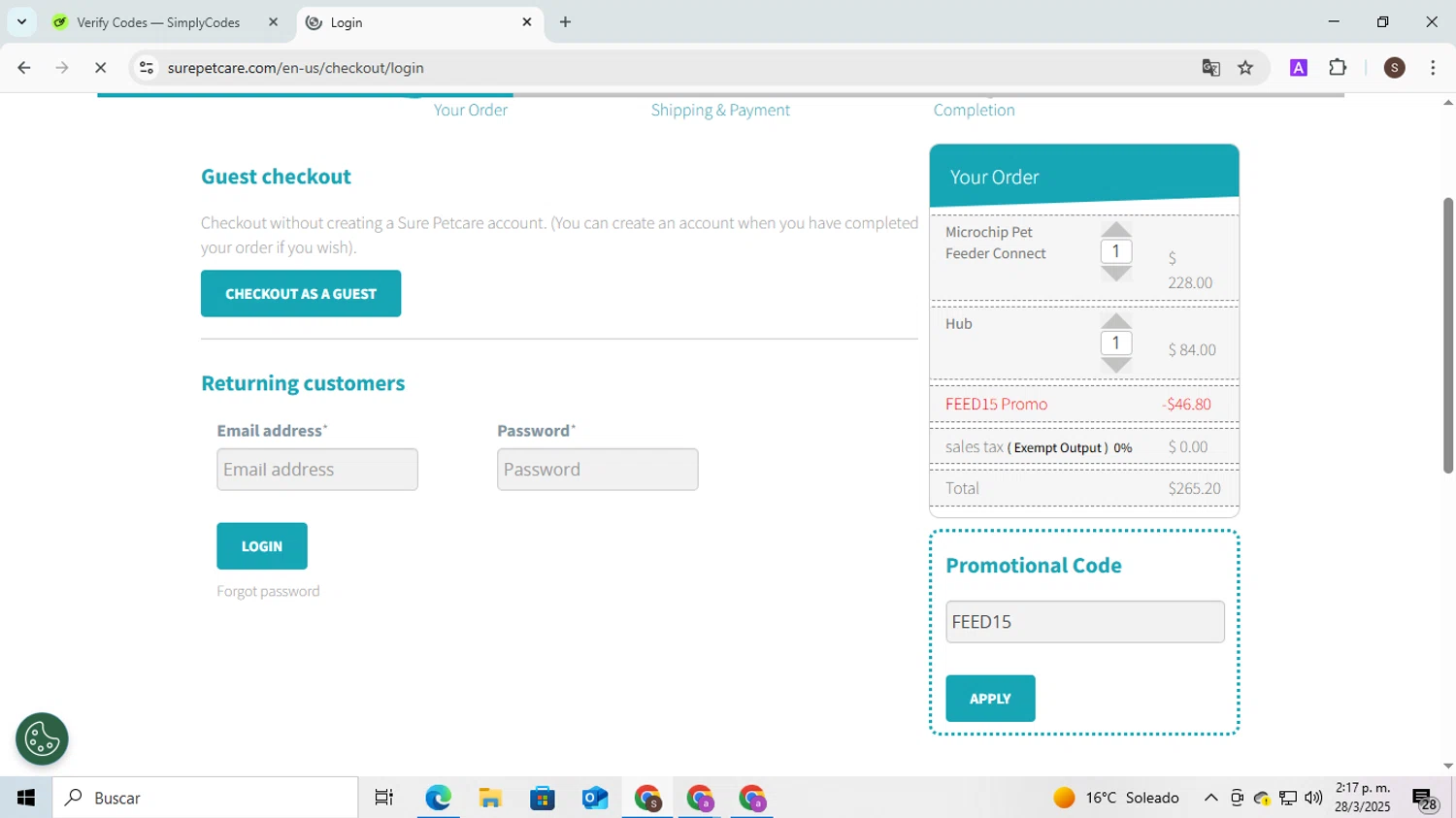 Sure Petcare checkout page showing Sure Petcare promo code box | Screenshot taken by SimplyCodes community member on Mar 28, 2025