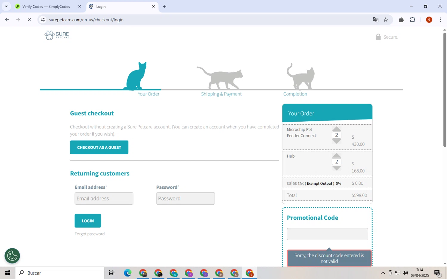 Sure Petcare promo code screenshot showing code FEED15 applied at Sure Petcare checkout page. Uploaded by SimplyCodes community member ExtraordinaryVirtuoso6801 on Apr 9, 2025