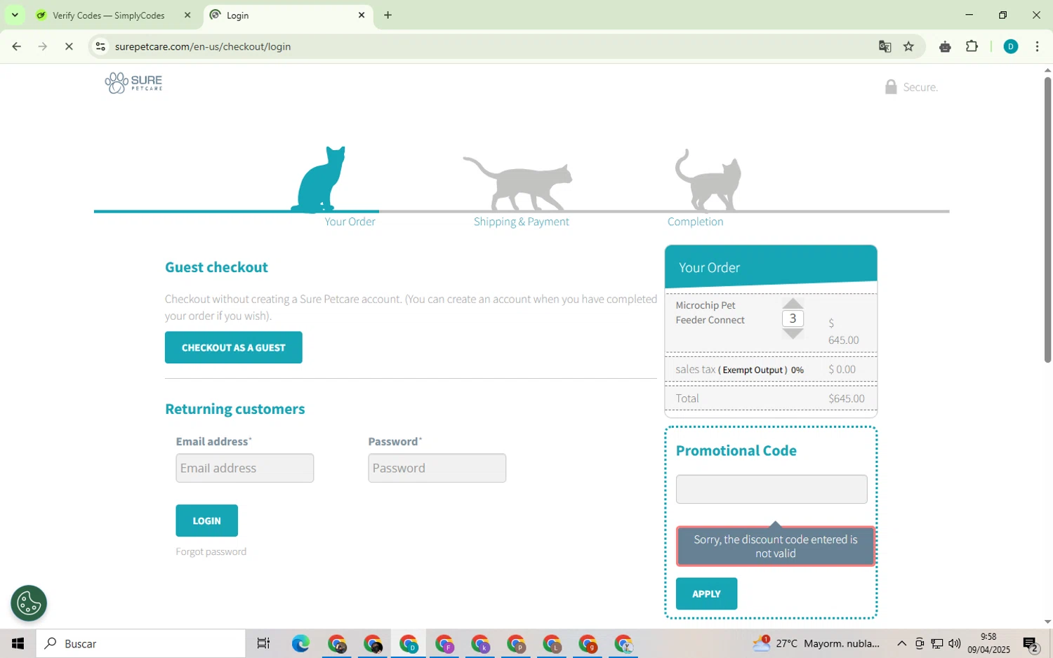 Sure Petcare promo code screenshot showing code FEED15 applied at Sure Petcare checkout page. Uploaded by SimplyCodes community member BonusPilot3825 on Apr 9, 2025