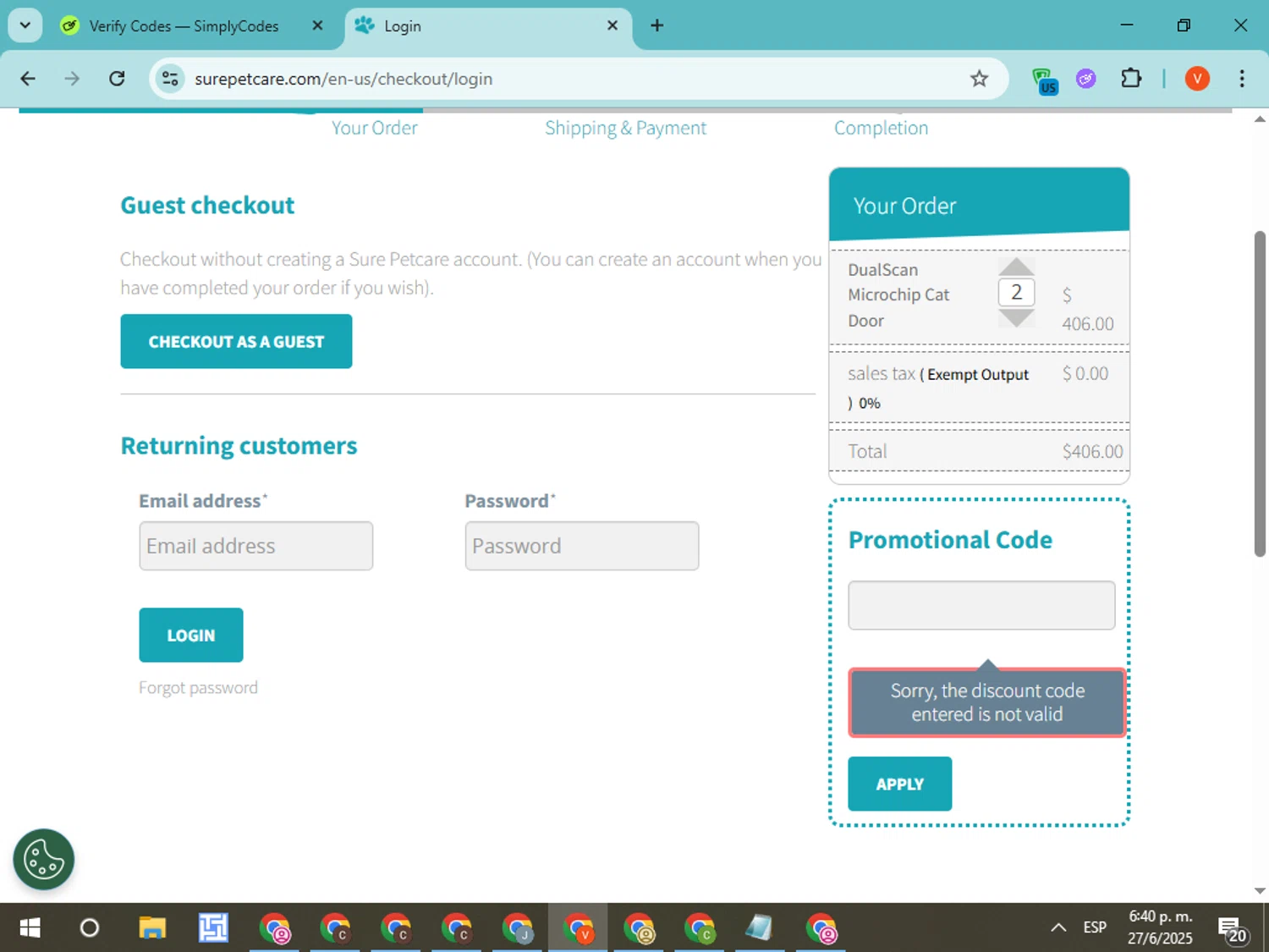 Sure Petcare promo code screenshot showing code SURE10 applied at Sure Petcare checkout page. Uploaded by SimplyCodes community member CodeMonarch8148 on Jun 27, 2025