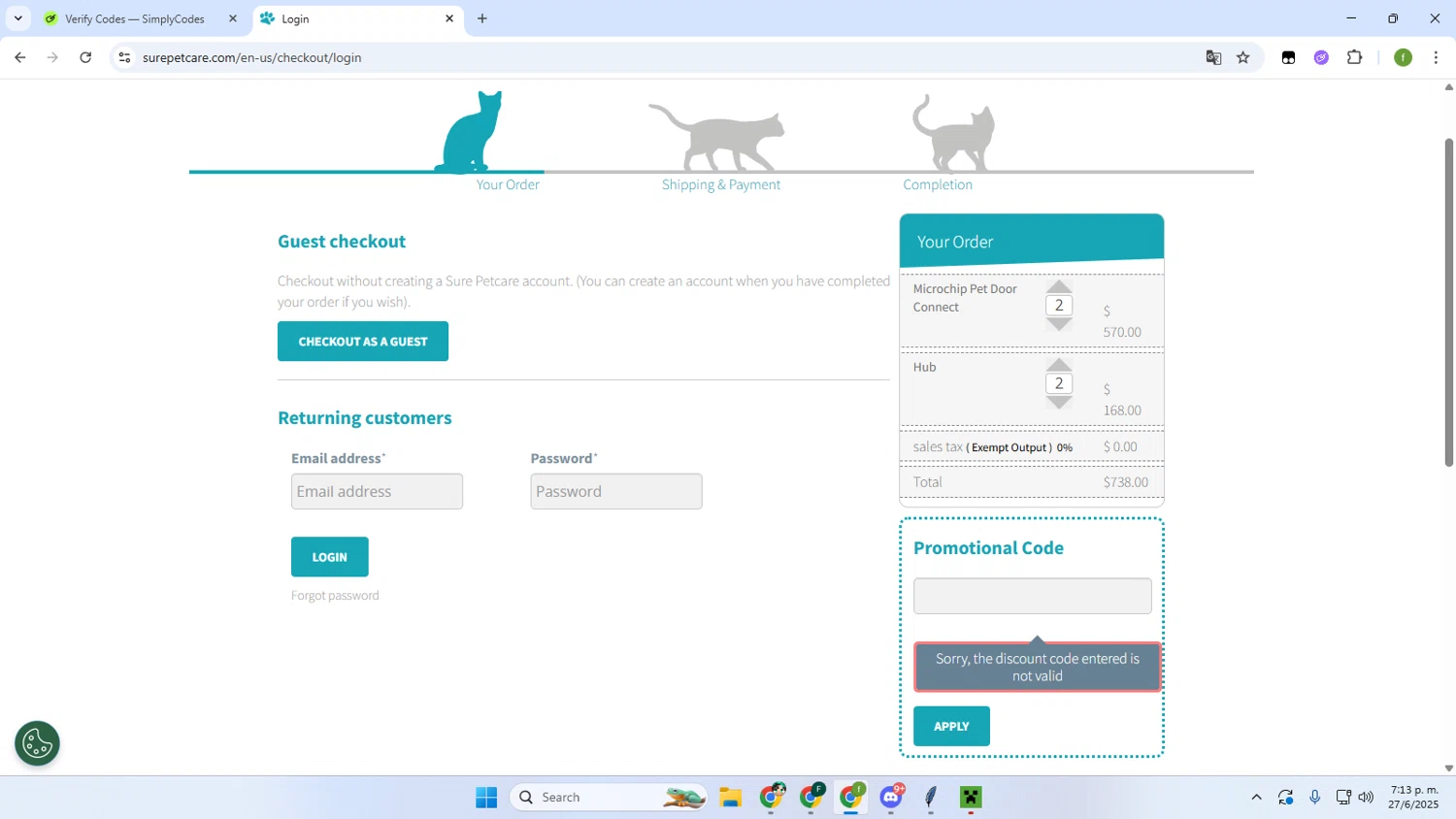 Sure Petcare promo code screenshot showing code SURE10 applied at Sure Petcare checkout page. Uploaded by SimplyCodes community member Irelia on Jun 27, 2025
